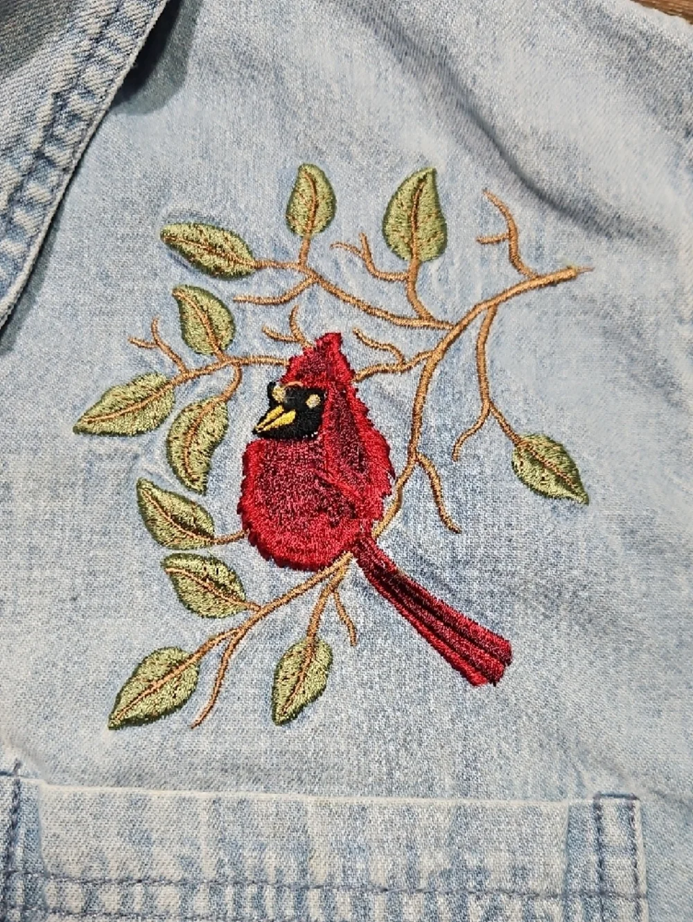 Vintage Light Wash Denim Button-Down Shirt with Cardinal Embroidery, Size Large - Picture 4 of 13